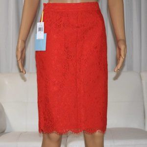 CeCe Curve-Hugging Pencil Skirt Features Beautifully Lace In Red Color / Size 0